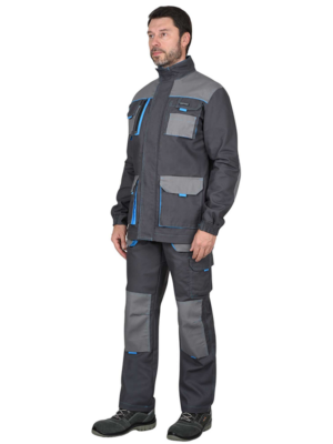 Костюм "ДВИН" куртка, п/к т.серый со ср.серым и голубой отделкой пл. 275 г/кв.м