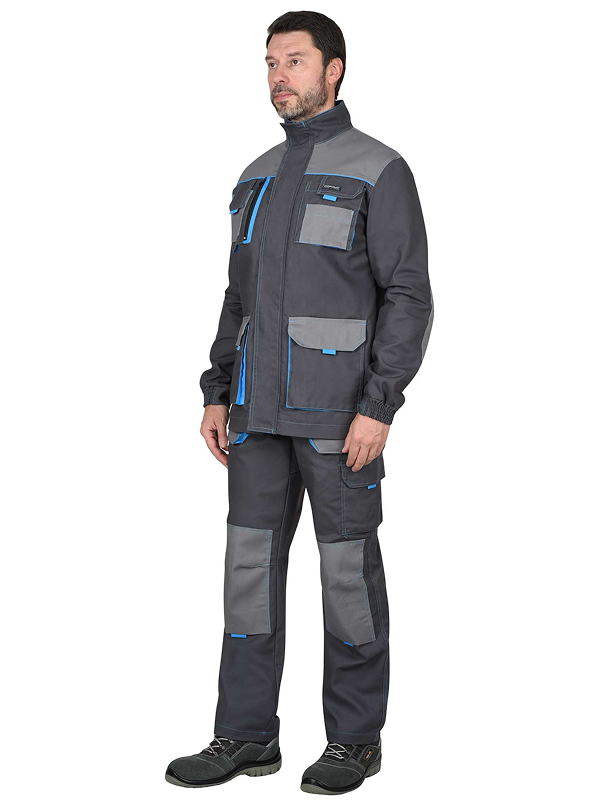 Костюм "ДВИН" куртка, п/к т.серый со ср.серым и голубой отделкой пл. 275 г/кв.м