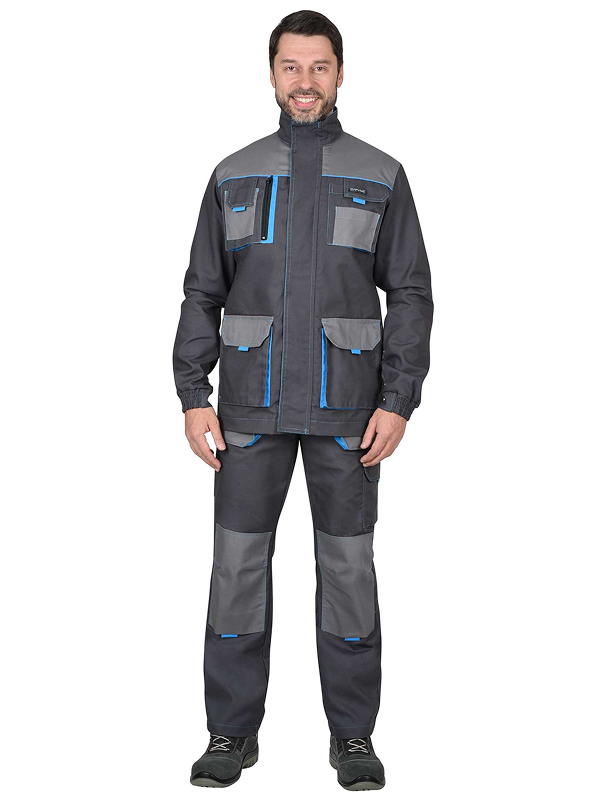 Костюм "ДВИН" куртка, п/к т.серый со ср.серым и голубой отделкой пл. 275 г/кв.м