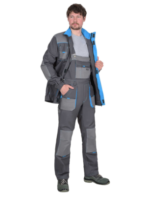 Костюм "ДВИН" куртка, п/к т.серый со ср.серым и голубой отделкой пл. 275 г/кв.м