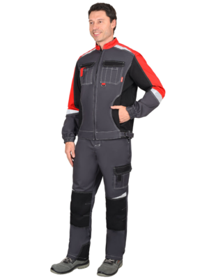 Костюм "ФАВОРИТ-МЕГА" мужской летний, куртка и брюки, серый с красным и черным, СОП