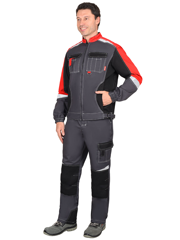Костюм "ФАВОРИТ-МЕГА" мужской летний, куртка и брюки, серый с красным и черным, СОП