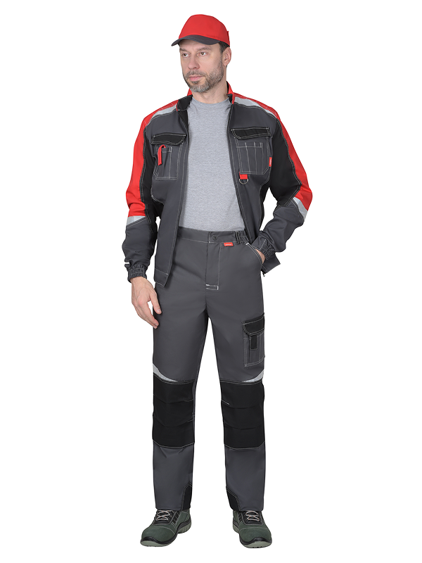 Костюм "ФАВОРИТ-МЕГА" мужской летний, куртка и брюки, серый с красным и черным, СОП