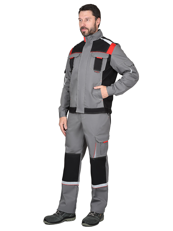 Костюм "СТАН" куртка, п/к ср.серый с черной и красной отделкой