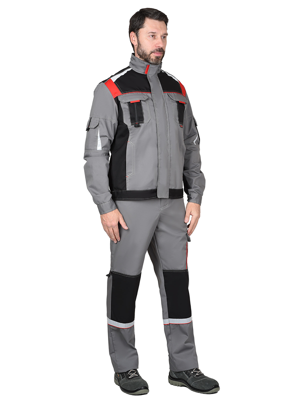 Костюм "СТАН" куртка, п/к ср.серый с черной и красной отделкой